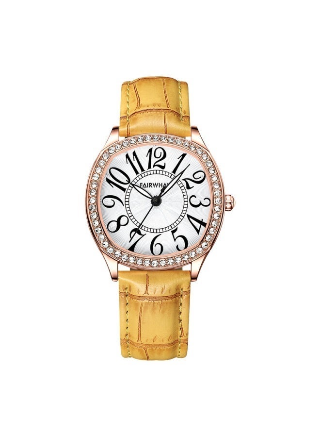 Mark Fairwhale Yellow Strap: Mark Fairwhale Retro Water-resistant Diamond-set Watch - White Dial, Stainless Steel Case, Yellow Genuine Leather Strap - Image 1